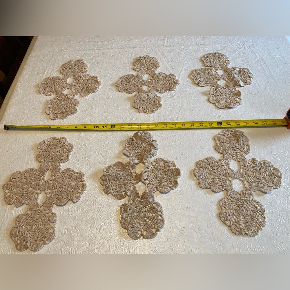 Vintage Handmade Cross Beige Crochet Doilies Set of 6 11” x 8” 60s or 70s